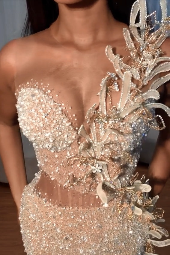Sweetheart Flower Sequins Backless Sleeveless Mermaid Prom Dress