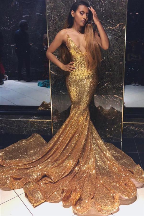 Trendy Gold Mermaid Spaghetti-Strapss Sleeveless V-Neck Sequins Prom Dresses