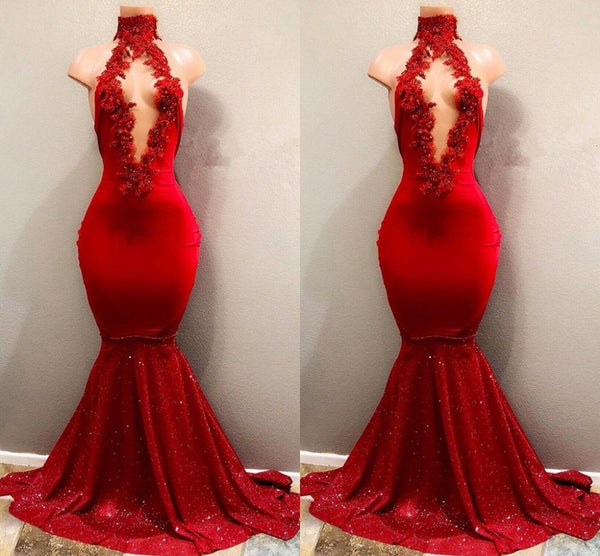 Trendy Mermaid Red Lace High-Neck Party Dresses Red Formal Dresses