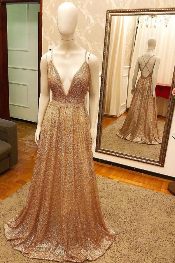 Trendy New Arrival Pluging V-Neck Gold Gorgeous Formal Dresses with Criss-cross Back