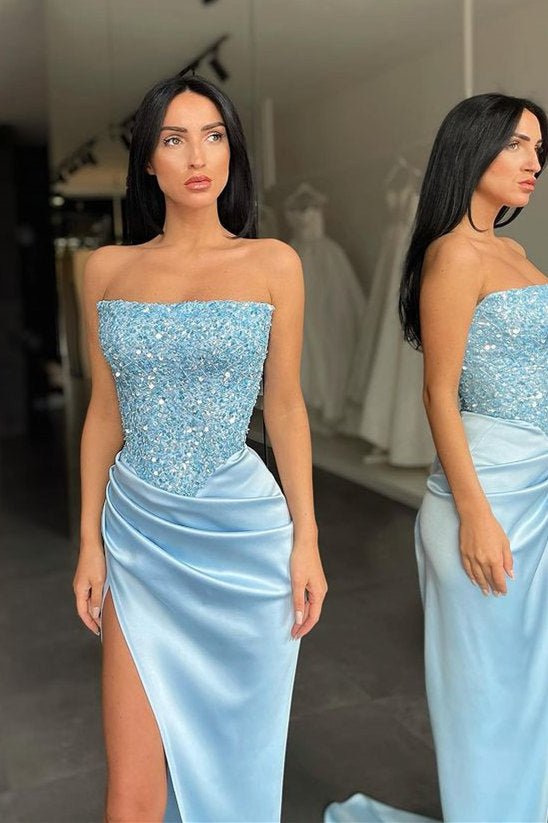 Trendy Sky blue Sequin Top High split Prom Dress Strapless