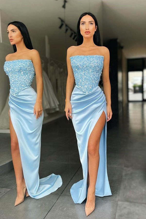 Trendy Sky blue Sequin Top High split Prom Dress Strapless