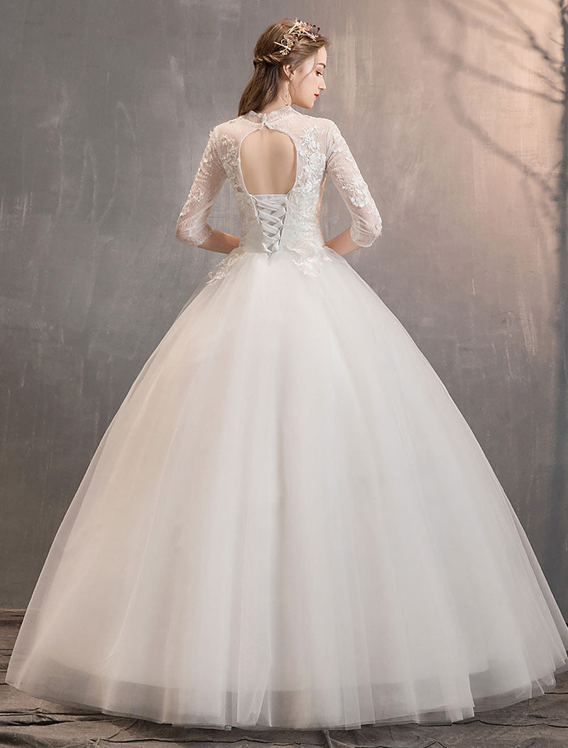 Tulle Wedding Dresses Ivory Illusion Neckline Half Sleeve Long Princess Bridal Dress