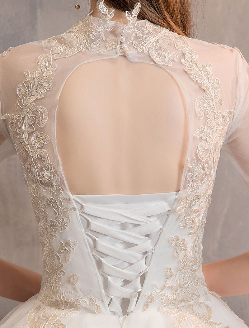 Tulle Wedding Dresses Princess Bridal Gown Illusion Collar Half Sleeve Long Bridal Dress