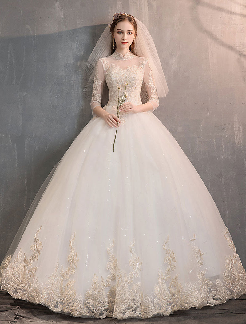 A-Line Scoop Long Sleeve Pearl Princess Wedding Dress With Backless,MW –  Musebridals