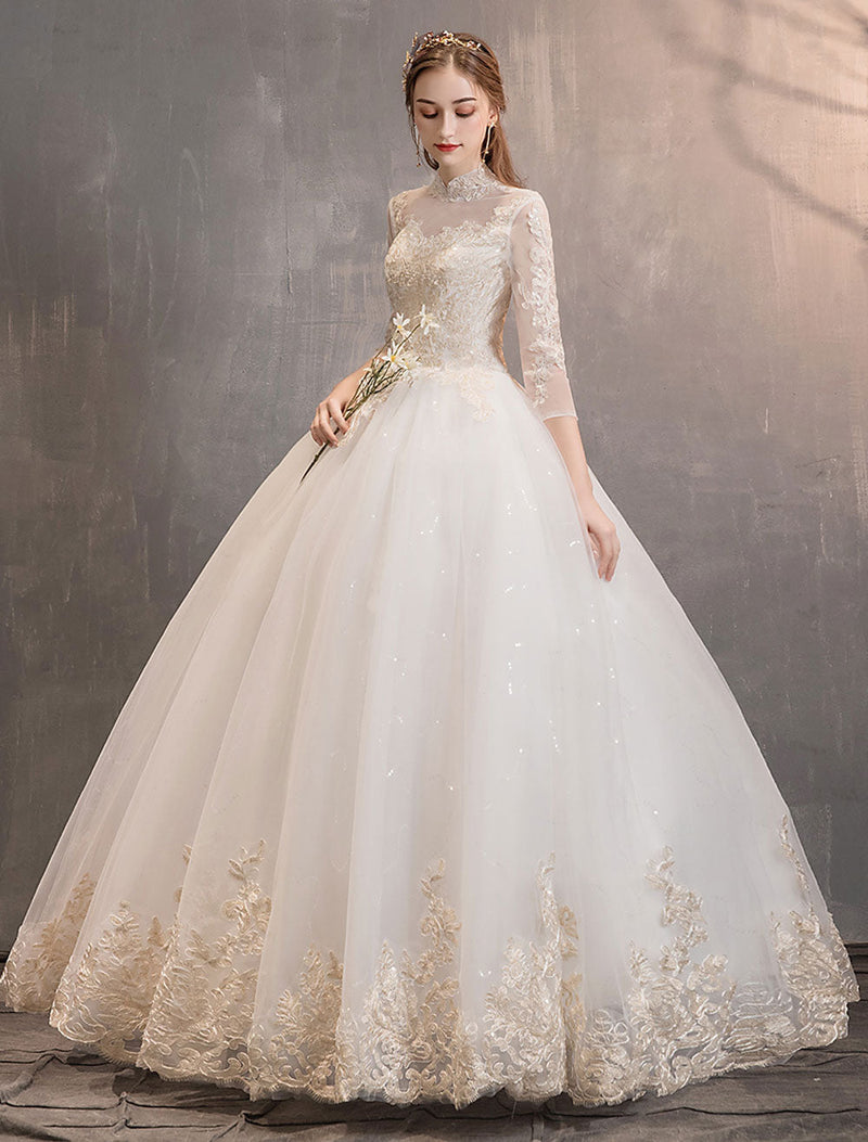 Tulle Wedding Dresses Princess Bridal Gown Illusion Collar Half Sleeve Long Bridal Dress