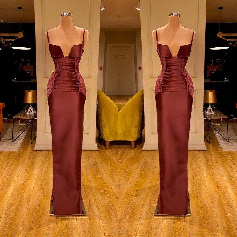 Unique Burgundy Mermaid Prom Dress Long With Ruched Spaghetti-Straps
