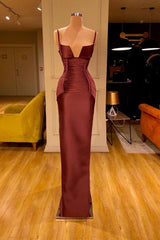 Unique Burgundy Mermaid Prom Dress Long With Ruched Spaghetti-Straps