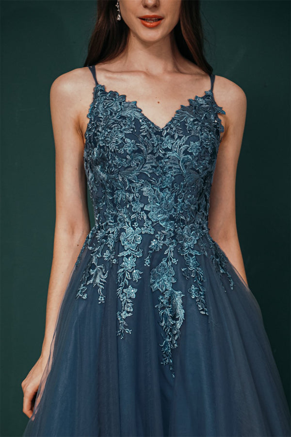 Unique Dusty Blue Tulle A-line Low back Spaghetti-strap Prom Dress