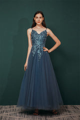 Unique Dusty Blue Tulle A-line Low back Spaghetti-strap Prom Dress