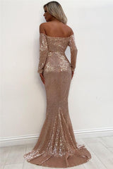 Unique Off-the-Shoulder Charming Sequins Evening Dresses Chic Long Sleevess Fit and Flare Prom Dresses Online