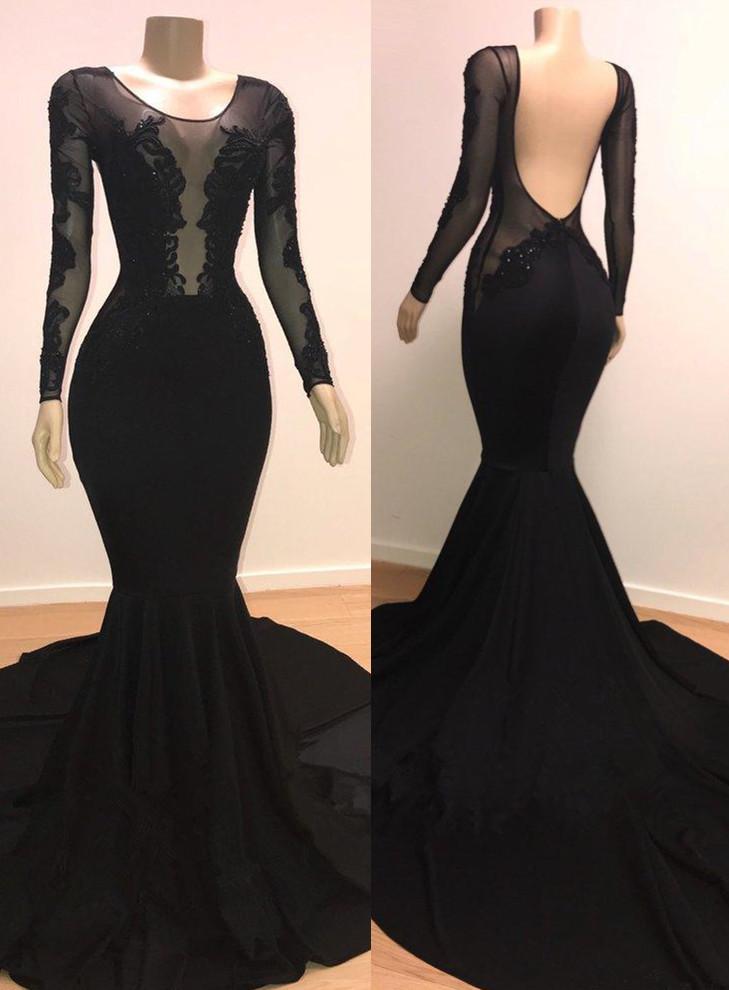 Unique Scoop Long Sleeves Backless Appliques Tulle Mermaid Prom Dresses