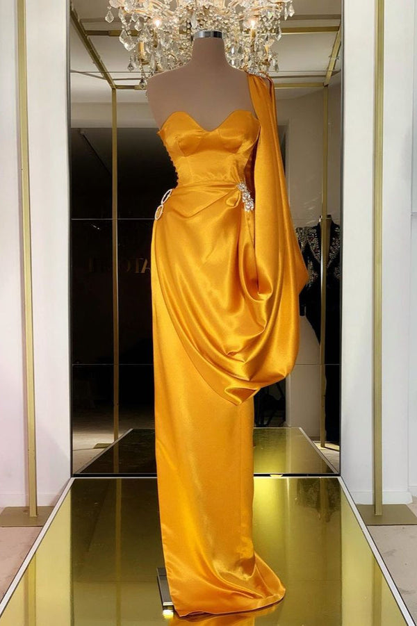 Unique Yellow Gold Long Evening Prom Dress With Ruffles One Shoulder