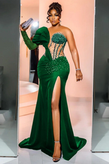 Unique One Shoulder Emerald Green High Split Floor length Wedding Dresses