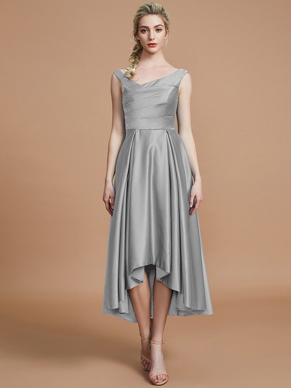 V-Neck Elegant Satin Asymmetrical Sleeveless Bridesmaid Dresses