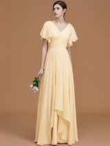 V-Neck Elegant Short Sleeves Chiffon Bridesmaid Dresses