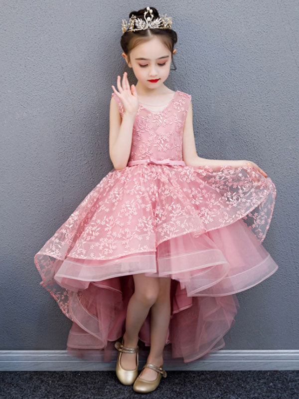 V-Neck Lace Sleeveless Asymmetrical Princess Bows Kids Party Dresses