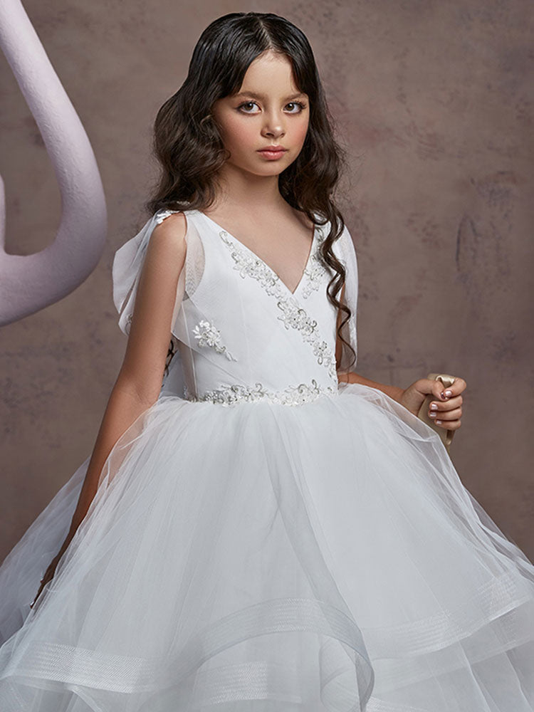 V Neck Lace Sleeveless Floor Length Shoulder Bows Princess Tiered Kids Social Party Dresses