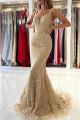 V-Neck Mermaid Evening Dress With Gold Appliques Sleeveless
