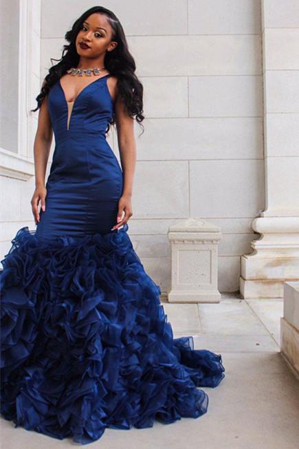 V-Neck Party Dresses Ruffles Mermaid Evening Party Gowns
