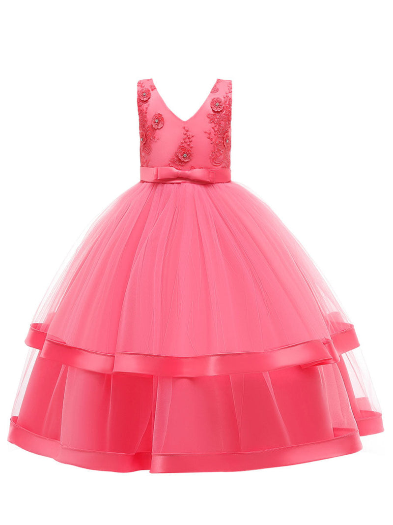 V Neck Polyester Cotton Sleeveless Ankle Length Princess Embroidered Kids Party Dresses