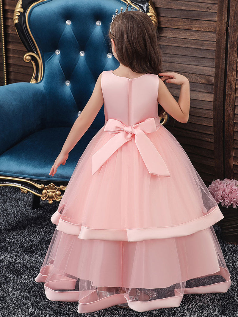V Neck Polyester Cotton Sleeveless Ankle Length Princess Embroidered Kids Party Dresses