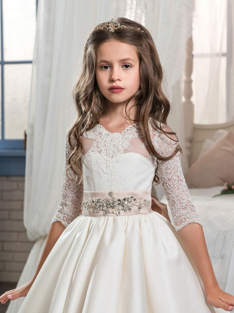 V-Neck Satin Fabric Half Sleeves Floor Length Princess Bows Kids Party Dresses