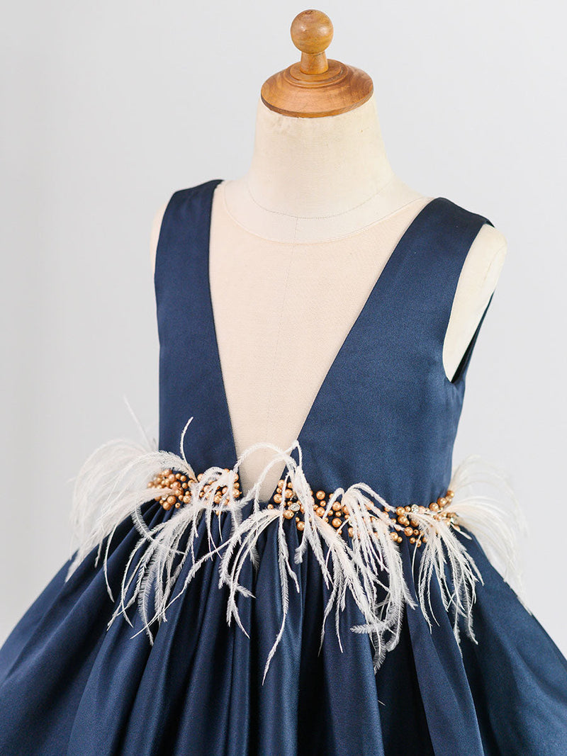 V-Neck Satin Fabric Sleeveless Short Princess Buttons Formal Kids Pageant flower girl dresses