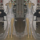 V-Neck Sequins Mermaid Front Slit Long Prom Dress