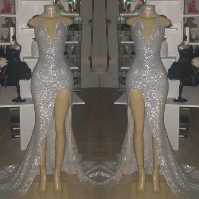 V-Neck Sequins Mermaid Front Slit Long Prom Dress