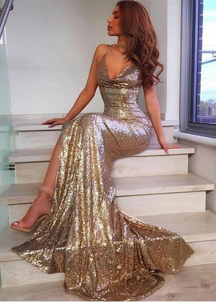 V-Neck Sequins Party Dresses Mermaid Evening Party Gowns With Slit