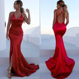 V-Neck Spaghetti Sleeveless Mermaid Front Slit Prom Dresses