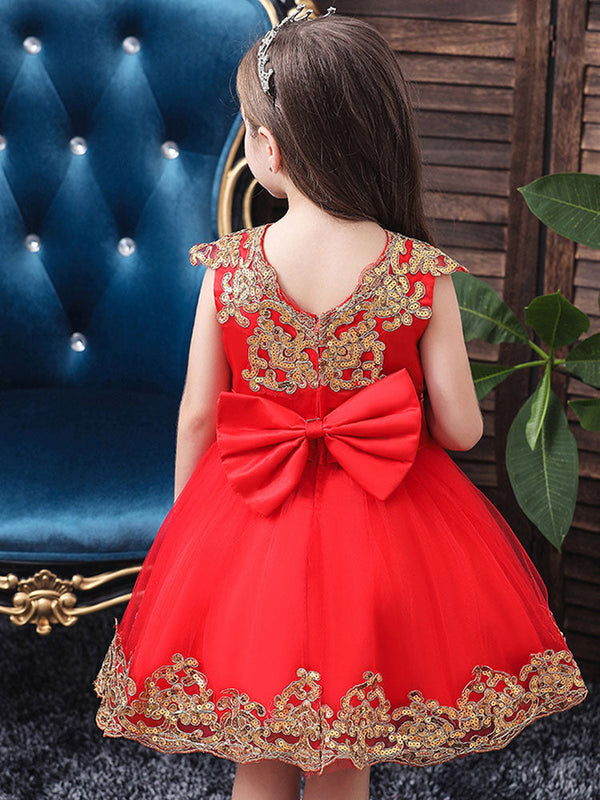 V-Neck Tulle Short Sleeves Short Princess Embroidered Kids Party Dresses