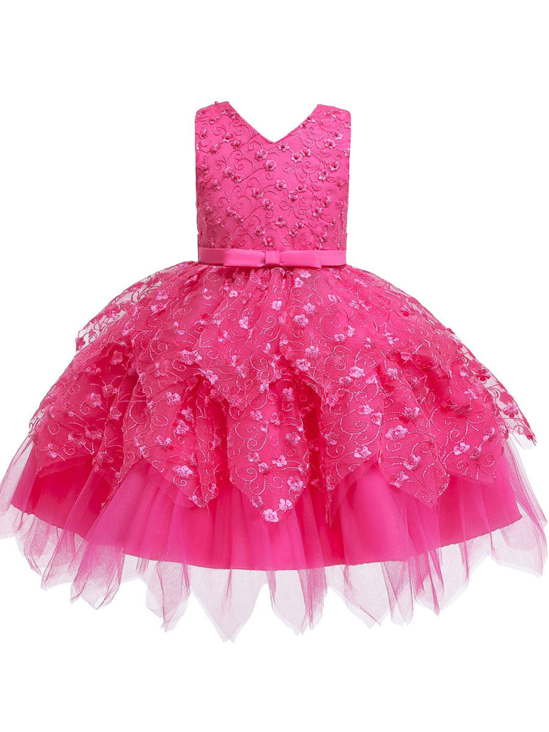 V Neck Tulle Sleeveless Short Princess Flowers Kids Social Party Dresses