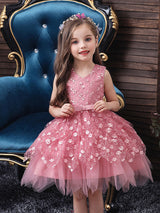 V Neck Tulle Sleeveless Short Princess Flowers Kids Social Party Dresses
