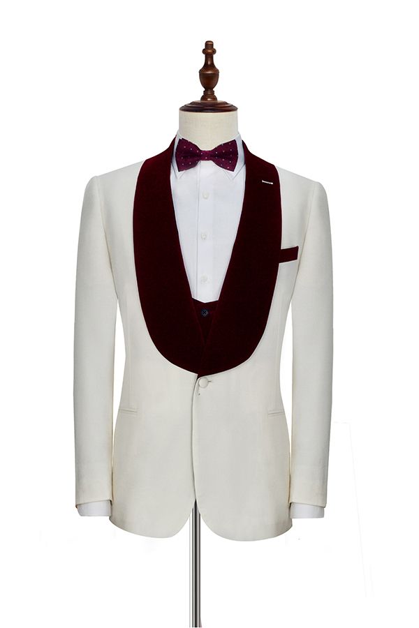 Velvet Shawl Collar White Wedding Tuxedos Three Piece Wedding Suits with Burgundy Vest