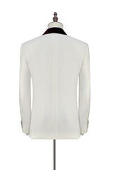 Velvet Shawl Collar White Wedding Tuxedos Three Piece Wedding Suits with Burgundy Vest