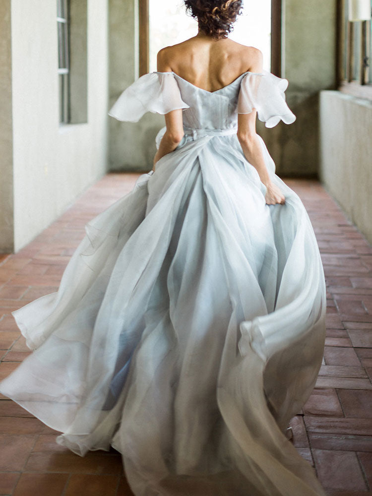 Wedding Dress A-line Off The Shoulder Sleeveless Pleated Court Train Chiffon Boho Bridal Gowns