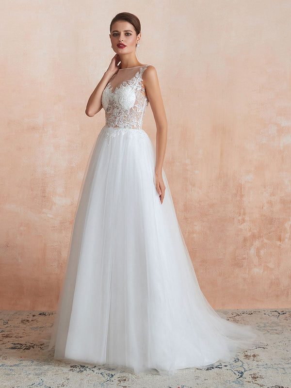 Wedding Dress A-line Sleeveless Lace Long Tulle Bridal Gowns With Train
