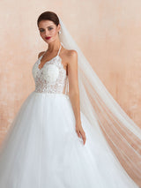 Wedding Dress Ball Gown Halter Sleeveless Long Lace Tulle Bridal Gowns With Train