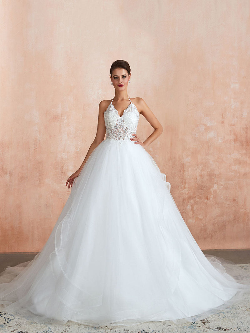 Wedding Dress Ball Gown Halter Sleeveless Long Lace Tulle Bridal Gowns With Train