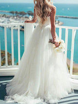 Wedding Dress Ball Gown Sweetheart Neck Sleeveless Sash Tulle Bridal Gowns With Train