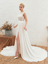 Wedding Dress Chic V-Neck Sleeveless A-line Split Chiffon Beach Bridal Gowns With Train