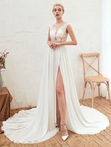 Wedding Dress Chic V-Neck Sleeveless A-line Split Chiffon Beach Bridal Gowns With Train
