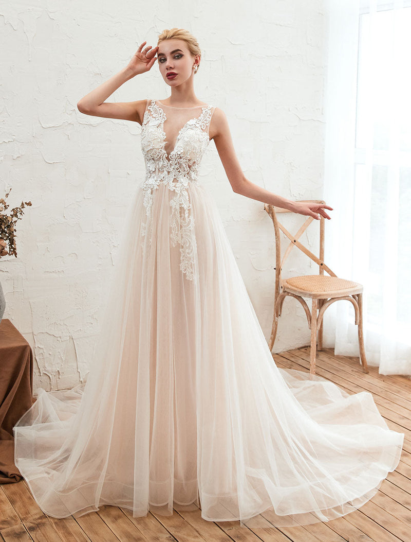 Wedding Dress Chic V-Neck Sleeveless A-line Tulle Bridal Gowns With Train
