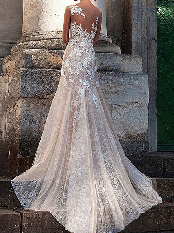 Wedding Dress Column Chic V-Neck Sleeveless Long Lace Tulle Sexy Backless Bridal Gown With Train