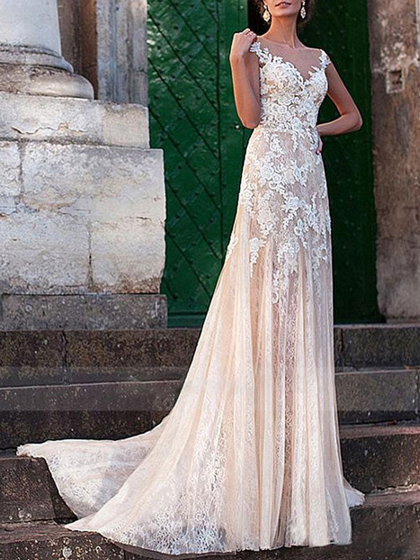 Wedding Dress Column Chic V-Neck Sleeveless Long Lace Tulle Sexy Backless Bridal Gown With Train