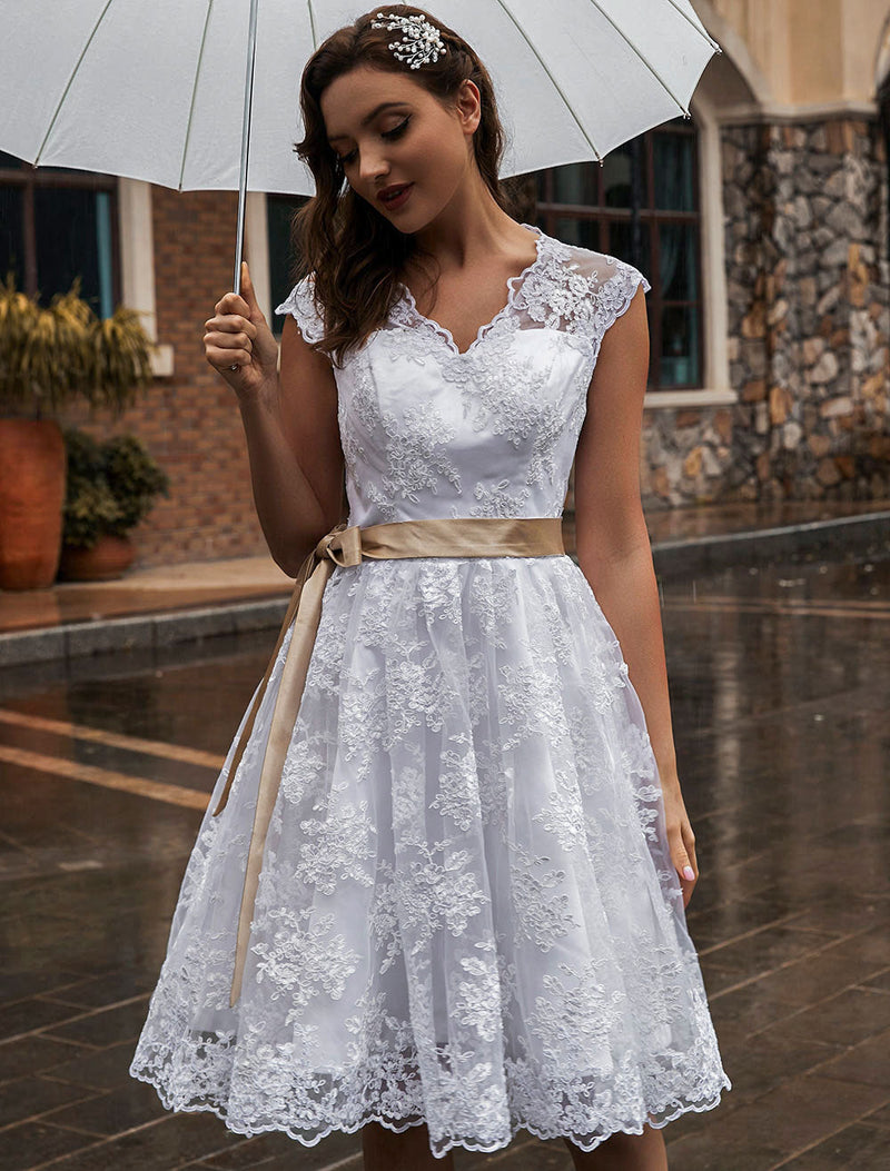 Wedding Dress Ecru White Knee Length A-line Sleeveless Lace Chic V-Neck Midi Bridal Gowns