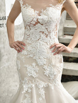 Wedding Dress Jewel Neck Sleeveless Lace Bridal Mermaid Dress With Train