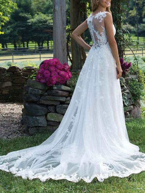 Wedding Dress Lace Chic V-Neck Sleeveless Column Long Bridal Gown With Court Train